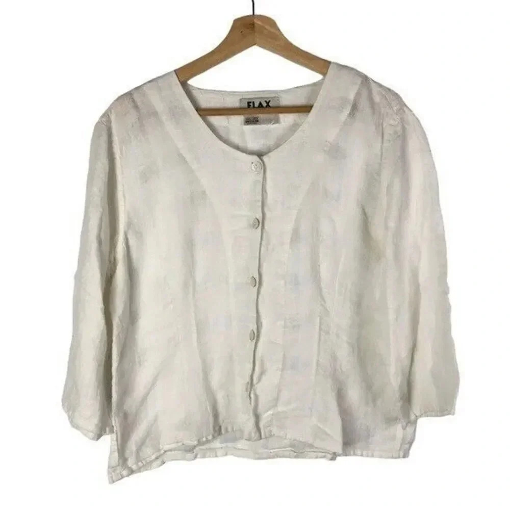 Flax Off White Linen Short Sleeve Button Down M